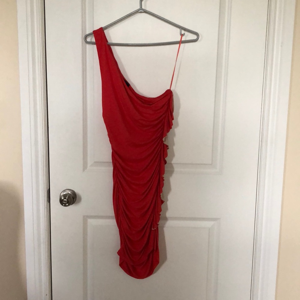 Guess Coral with beige accent ruching dress